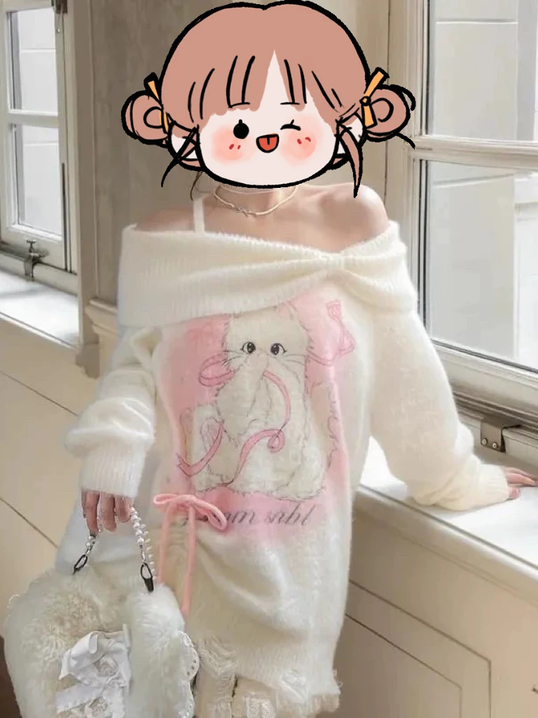 Sweet  Print Off-oulder Knitwear Women's Autumn Winter New Sle Large Size plus MM Sweater Top Comfortable Loose Fit