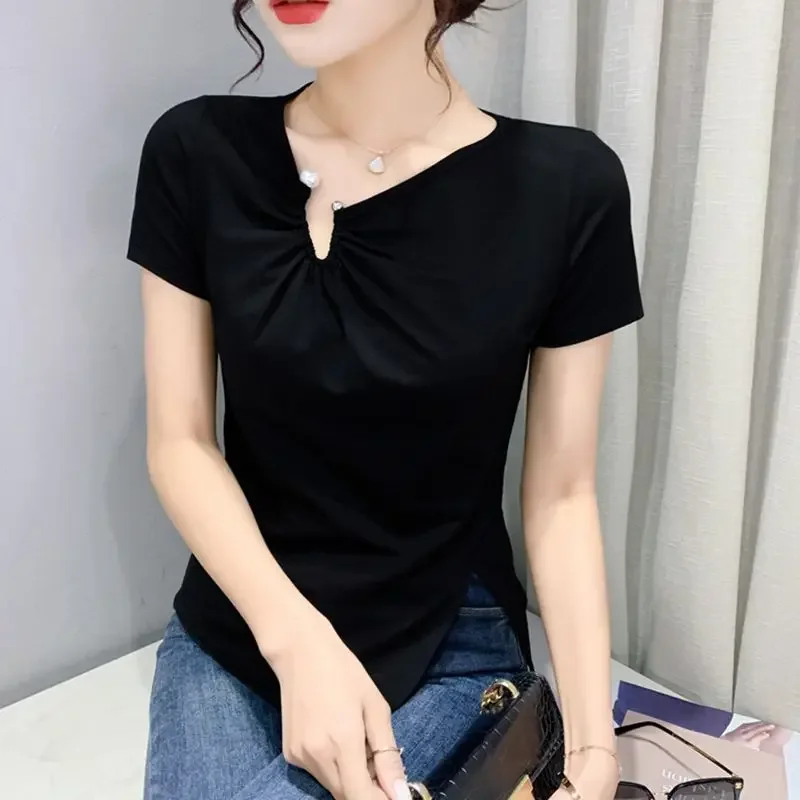 Fashion V-Neck Solid Color Folds Irregular T-Shirts Women's Clothing Summer New Loose Casual Tops Asymmetrical Tee Shirt B93