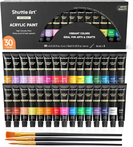 30 x 12ml Acrylic Paint Set, Rich Pigments Non Toxic for Canvas Wood Fabric Ceramic