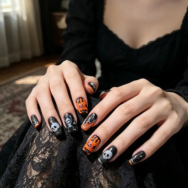 Glänzende Happy-Halloween-Nagelaufkleber, niedliche Skelett-, Geister-, Kürbis-, Fledermaus-, Gothic-Kreuz-, Stern-, Mond- und Schleifen-Aufkleber, Maniküre-DIY-Zubehör – Detail 5