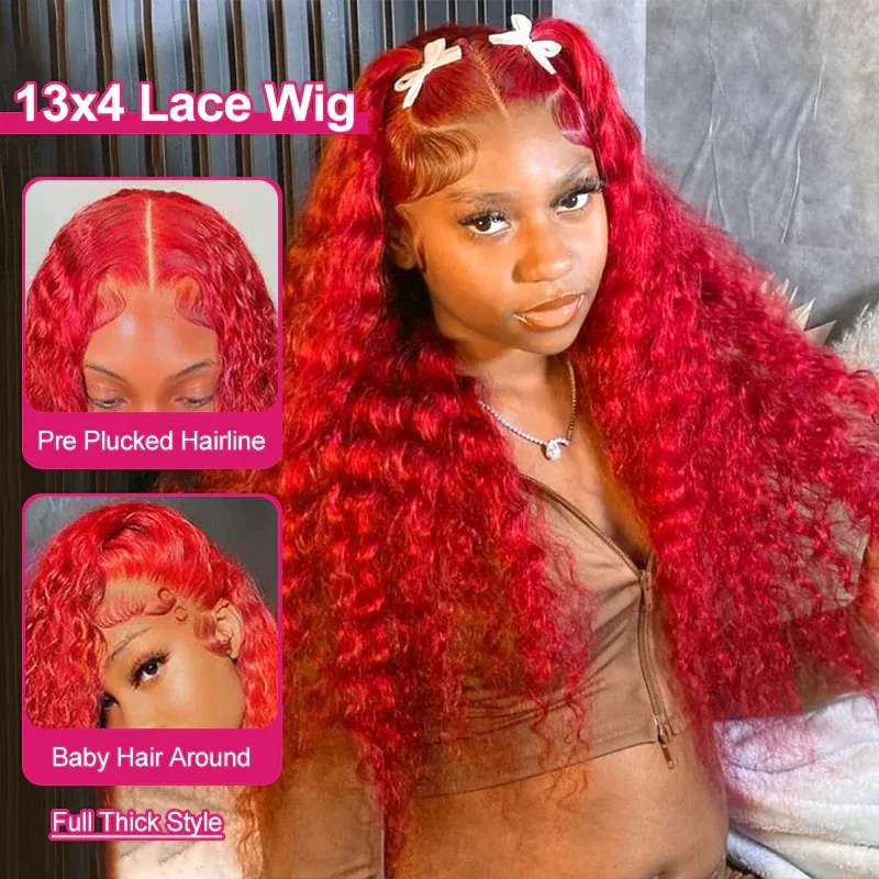 200% Density 13x4 Red Curly Water Deep Wave Lace Frontal Wigs Human Hair 30 40 Inch 13x6 Red Lace Front Human Hair Wig For Women image 2