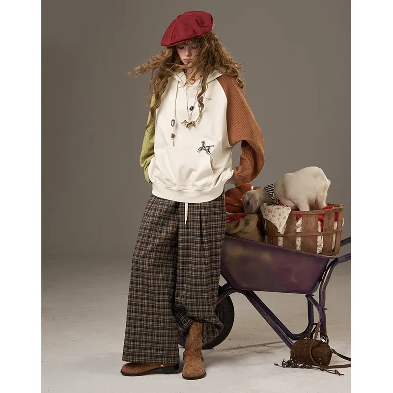 ELFSACK Women's Vintage Oversized Hoodie with Contrast Raglan Sleeves, Waffle Texture Long Sleeve Sweatshirt for Fall Daily wear