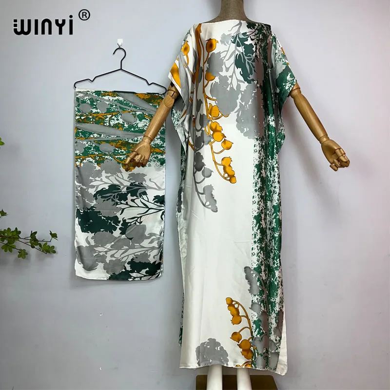 WINYI Africa summer Long Dress with belt Women fashion Print kaftan Casual Elegant Holiday summer Maxi silk Bohemian party dress