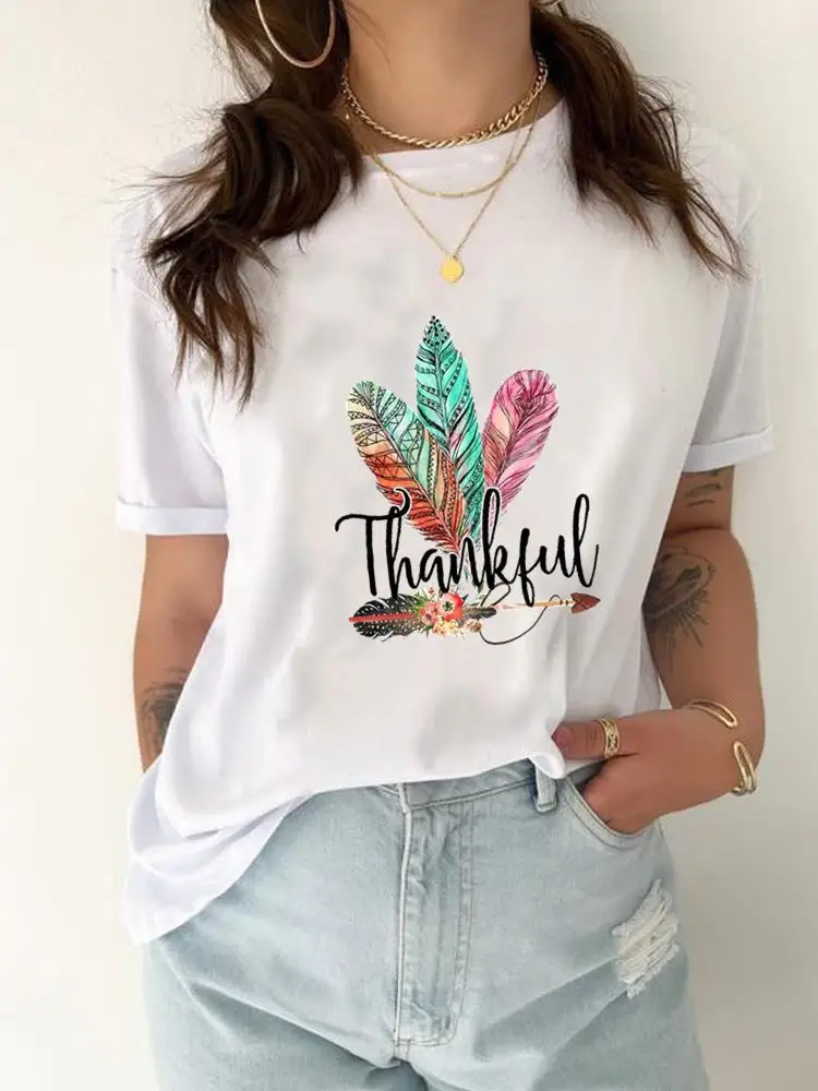 T-shirt à manches courtes pour femmes, tendance d\'interconnexion de plumes, haut mignon, mode féminine, vêtements décontractés, t-shirt graphique