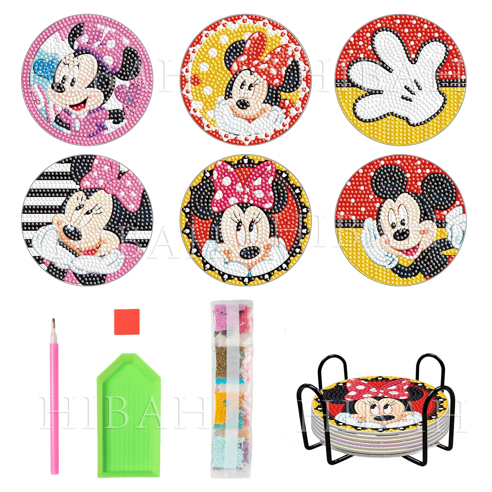 

Mickey Minnie DIY 6Pcs Rhinestone Studded Coaster Slip Resistant Coasters with Holder Gift Souvenirs Animal Ornament