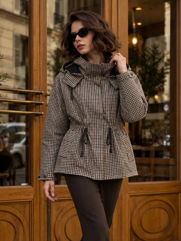 HH Women's Plaid Hooded Jacket Autumn 2026 Brown Checkered Drawstring Waist Loose Fit Utility Pockets Vintage Casual Streetwear