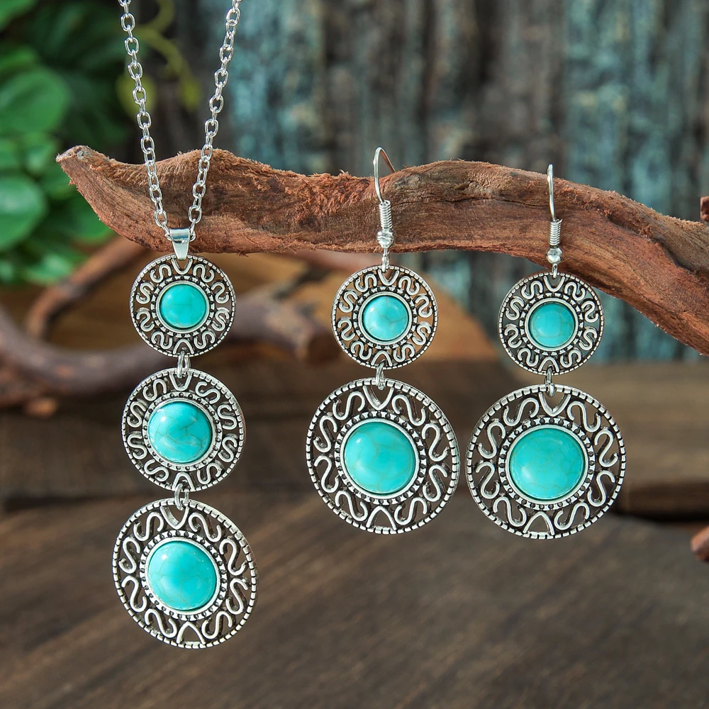 Boho Ethnic Style Jewelry Set Inaly Turquoise Statement Geometric Round Dangle Earrings Ancient Silver Daily Wear Party Decors