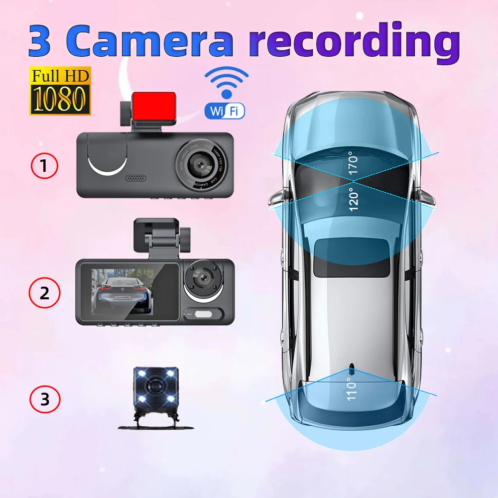 3 Channel HD1080P Car DVR Mini WIFI Dash Cam Interior Vehicle Three Way Camera DVRs Recorder Video Registrator Dashcam Camcorder