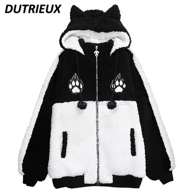 

Japanese Flame Claw Embroidered Cute Cat Ears Hooded Jacket Women Thickened Warm Berber Fleece Cotton-Padded Coat Winter Clothes