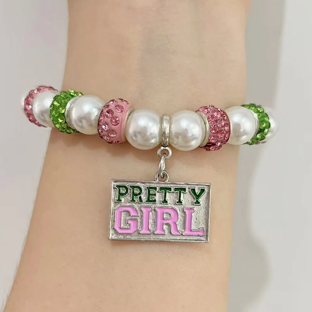 Delicate pink green sisters club symbol ivy letter charm elastic bracelet