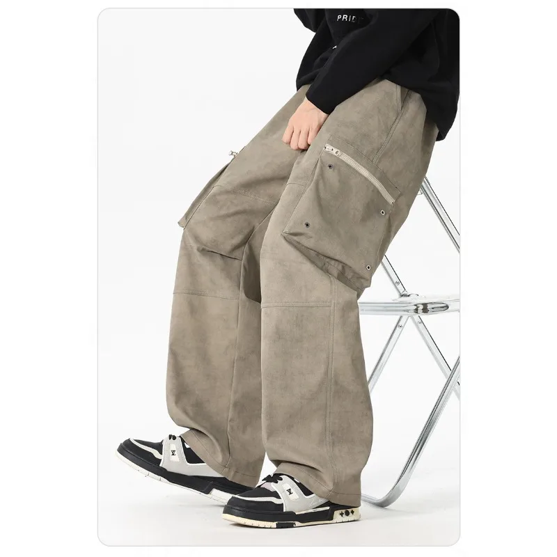 Pantalones elásticos de cintura alta con bolsillo para hombre, ropa de trabajo informal americana, a la moda y versátil, pantalones de pierna ancha para primavera y otoño