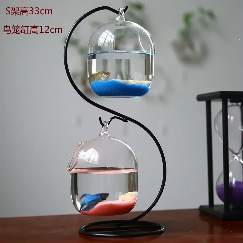 Creative hanging mini glass fish tank, suitable for fighting fish goldfish, with hook design, desktop and home office