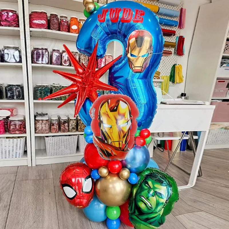 44pcs Marvel Theme Balloon Column Metal Blue Gold Latex Balloon Set With 40inch Number Boy Birthday Baby Shower Party Decor