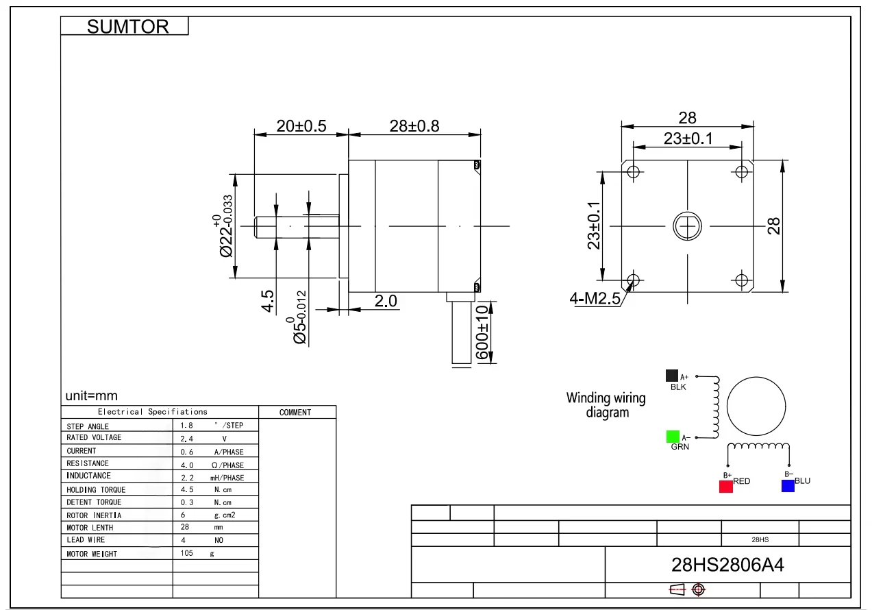 NEMA11 Stepper Motor with 4.5N.cm Motor Length 28mm 4-Wire 1.8 Degree Current 0.6A CE ROHS Single Output Shaft Stepping Motor