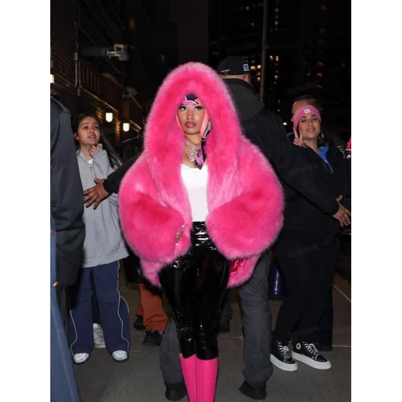 Winter Fox Fur Hooded Bridal Shawl Women's Hairy Grass Cloak Stylish Warm Cloak for Women
