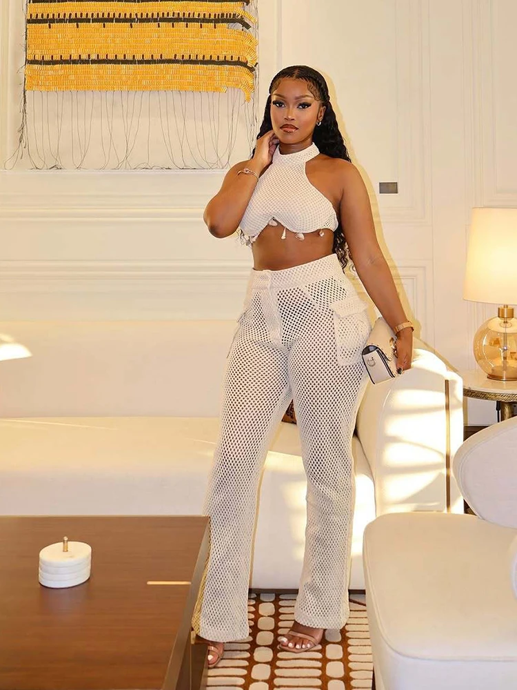 Roupas femininas de verão novo conjunto de duas peças streetwear sexy halter topo e calça conjunto malha transparente outifts atacado dropshipping