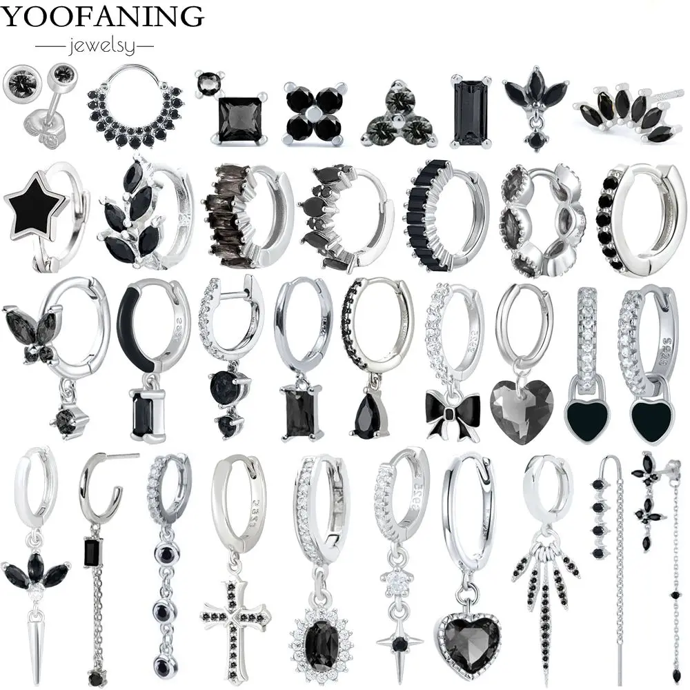 

925 Sterling Silver Ear Needle Advanced Dark Series Hoop Earrings Black Zircon Series Classic Retro Earrings for Women Jewelry