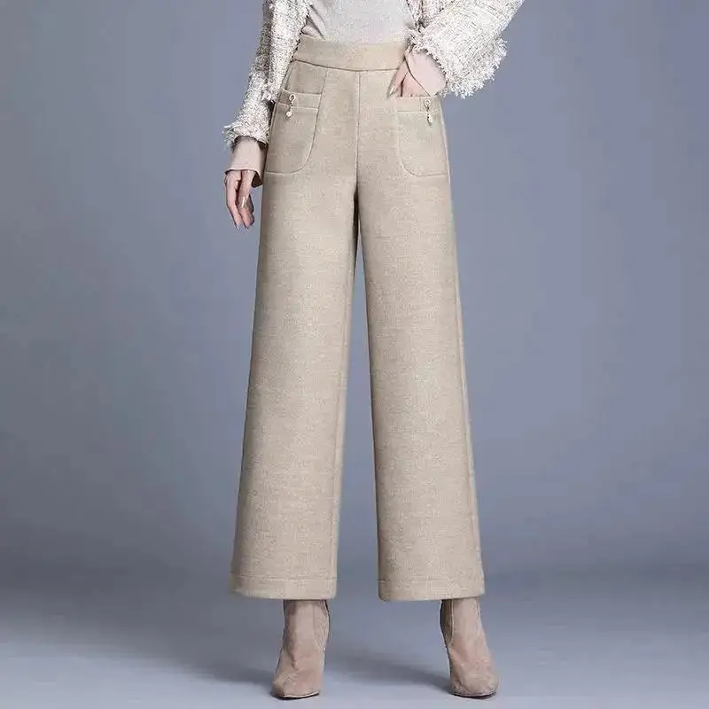 Autumn and Winter Women\'s Solid High Waist Loose Thickening Elastic Pockets Oversized Wide Leg Fashion Office Lady Trousers