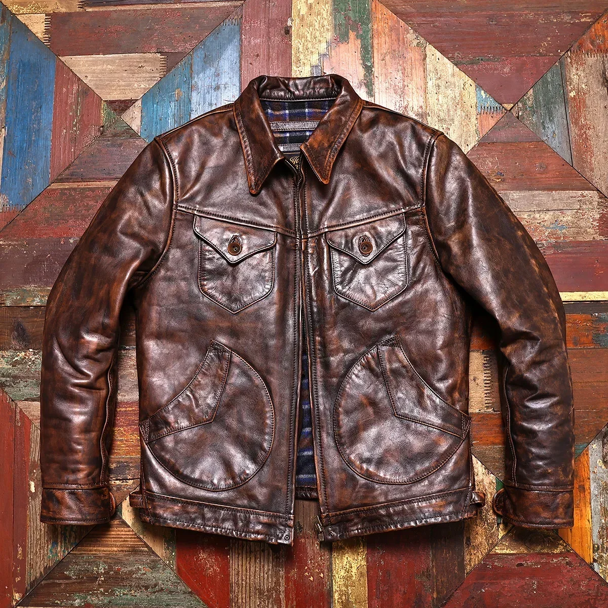 Tailor Brando Full Grain Washed Handmade Aged Tea Core Cowhide American Vintage Mendoza Retro Leather Biker Jacket