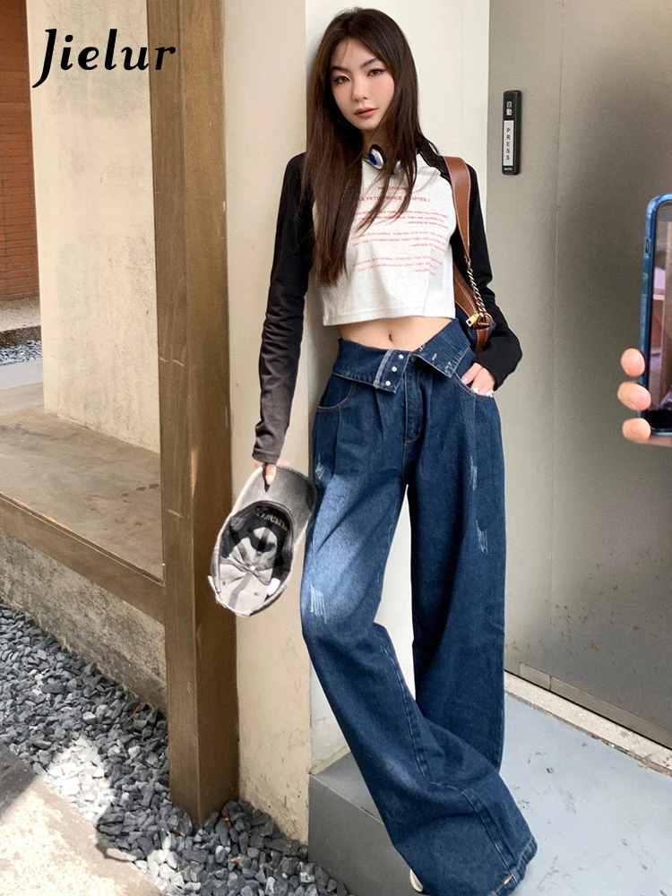 Jielur Spring Summer Ripped Bleached Cuffed Casual Women's Pant High Waist Loose Slim Fashion Female Streetwear Wide Leg Pants