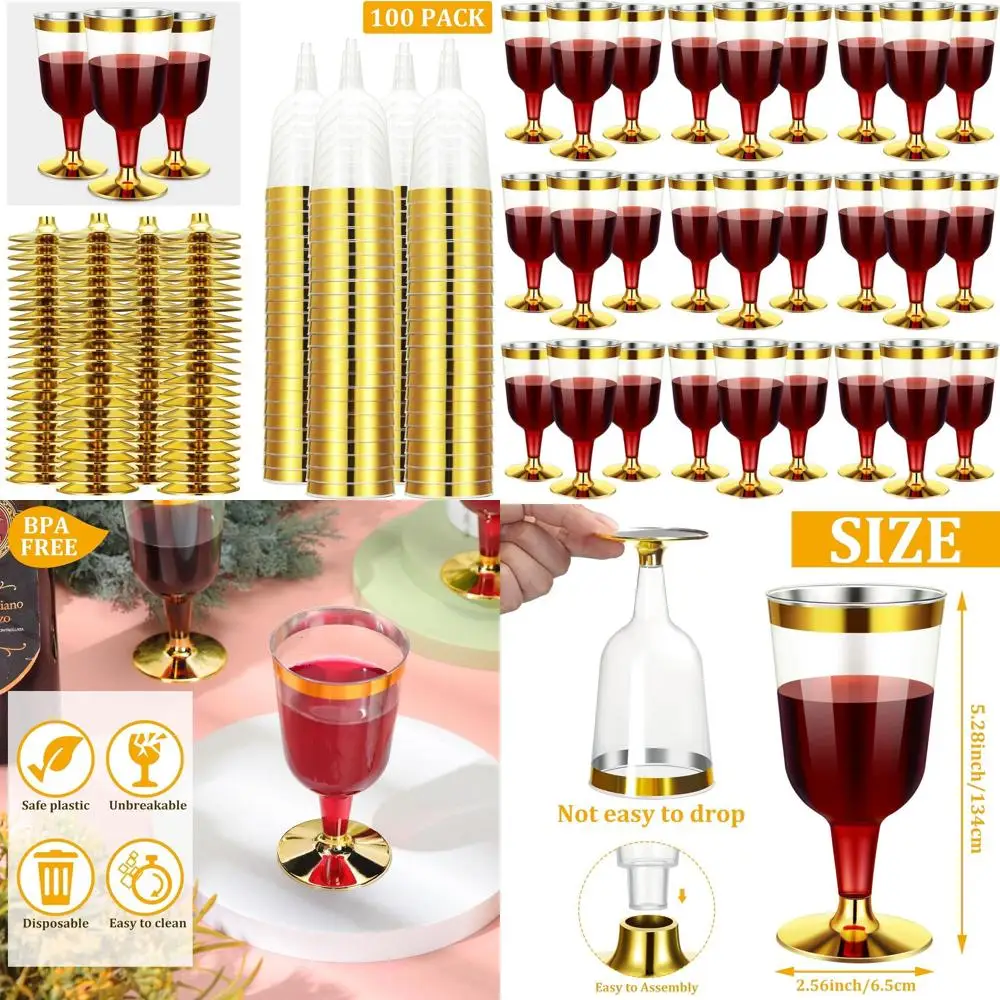 

Set of 100 7 oz Gold Rimmed Plastic Mini Stemless Wine Glasses for Weddings, Parties, and Special Occasions