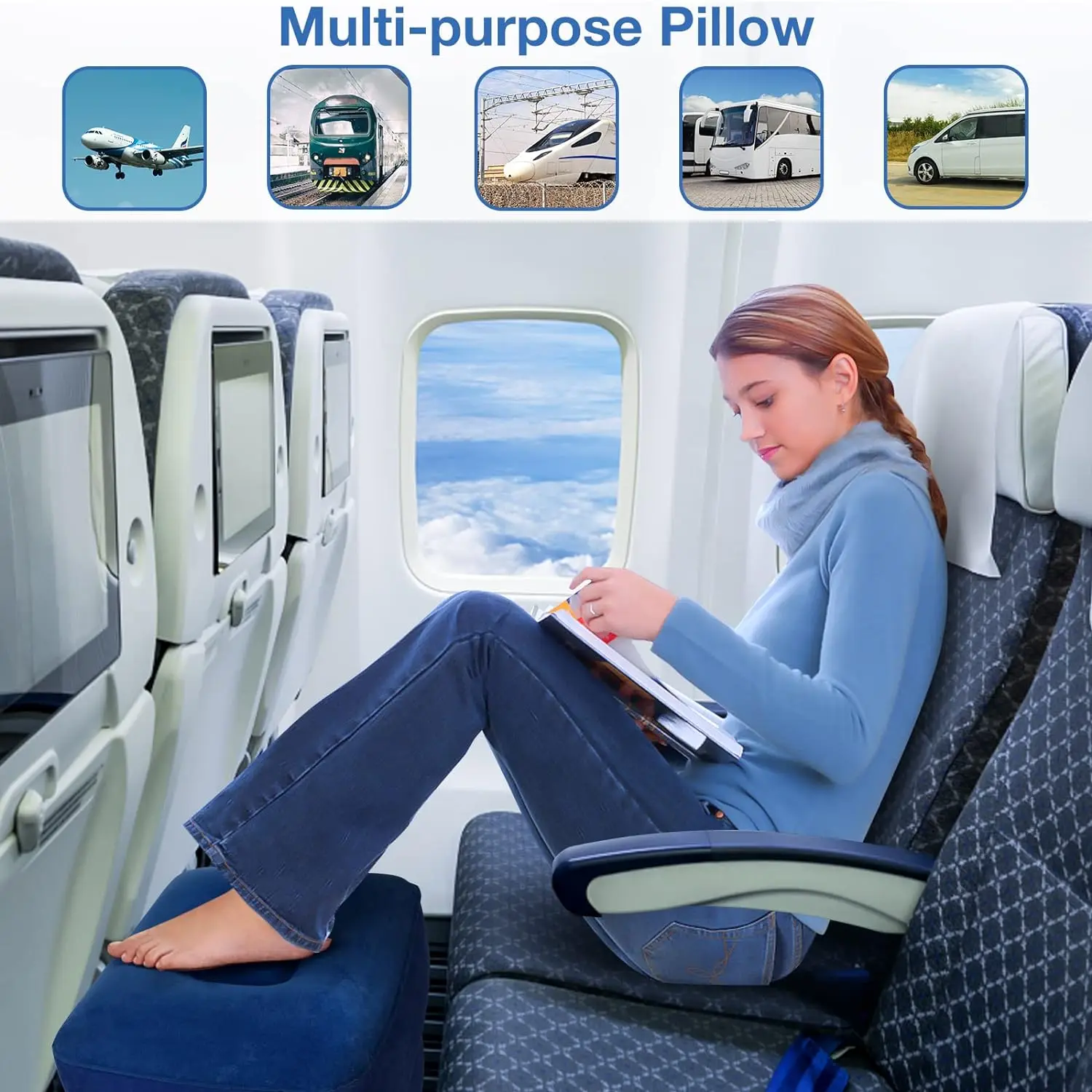 Airplane Foot Rest Travel Foot Rest Pillow Inflatable Travel Foot Rest for Airplanes Adjustable Height 3-Layer Ergonomic Folding