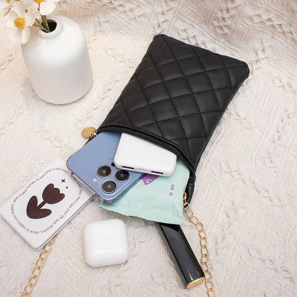 Bolso de teléfono con cadena de celosía rómbica, monedero de cuero PU con cremallera Simple, bolso cruzado de cuero PU, bolso de maquillaje para teléfono móvil para mujer