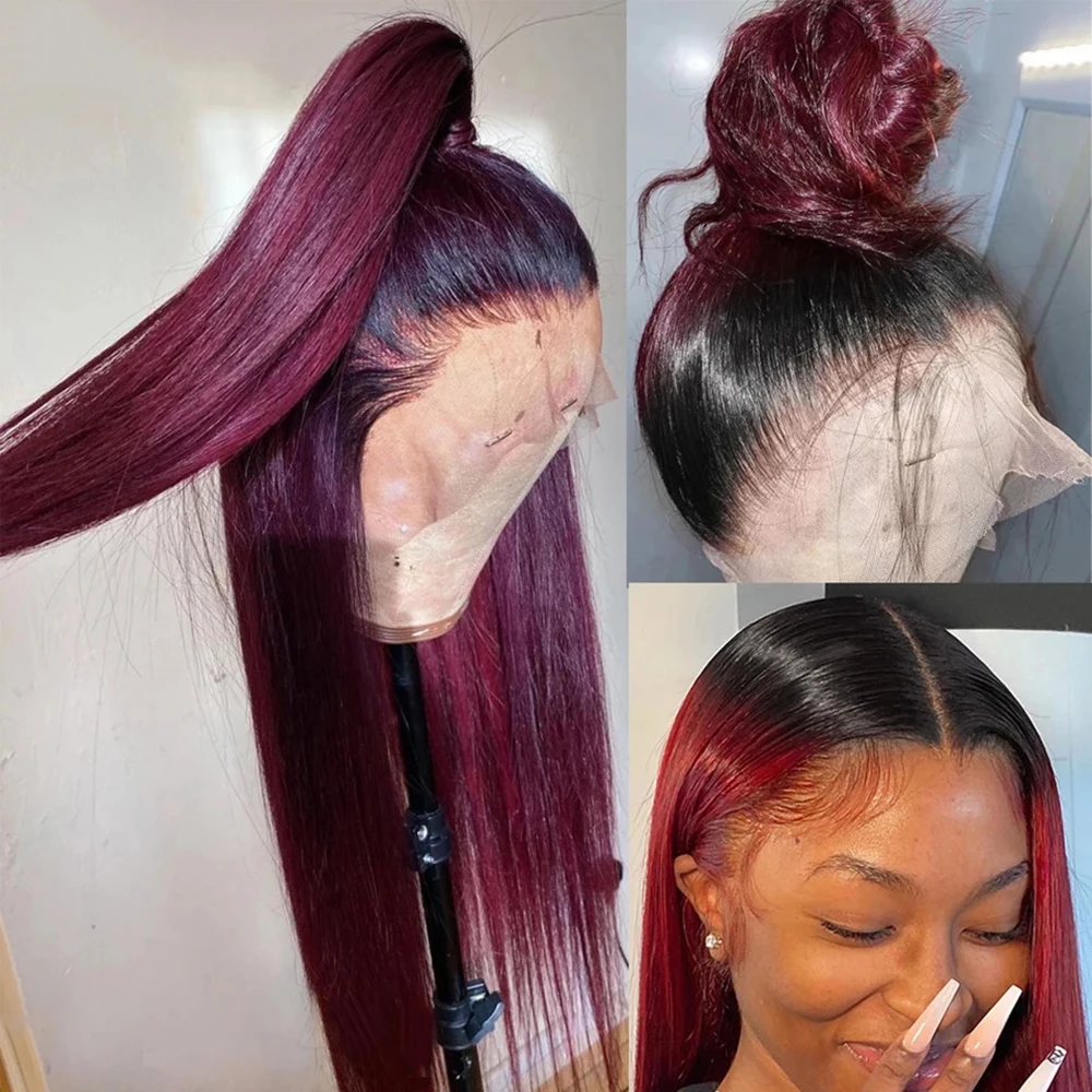 Burgundy 1B/99J Straight Peruvian Human Hair Wig 13x4 Lace Frontal Wig 99J Colored 4x4 Lace Closure Wig 180 Density 30 32inch