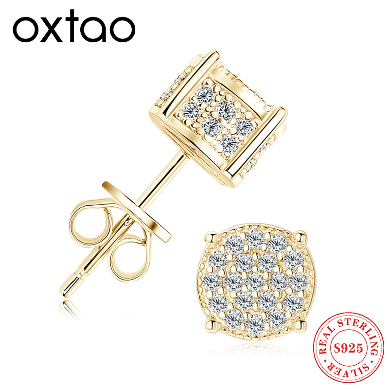 

OXTAO круглые серьги-гвоздики с муассанитом для мужчин и женщин, стерлинговое серебро 925 пробы, 4 когтя, блестящие бриллиантовые уши, роскошный дизайн, ювелирные изделия, подарок