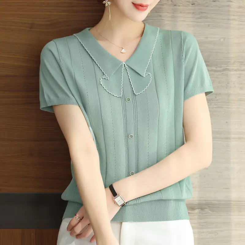 

Sweet Peter Pan Collar Spliced Solid Color All-match Blouse Women's Clothing 2023 Spring New Casual Pullovers Loose Korean Shirt