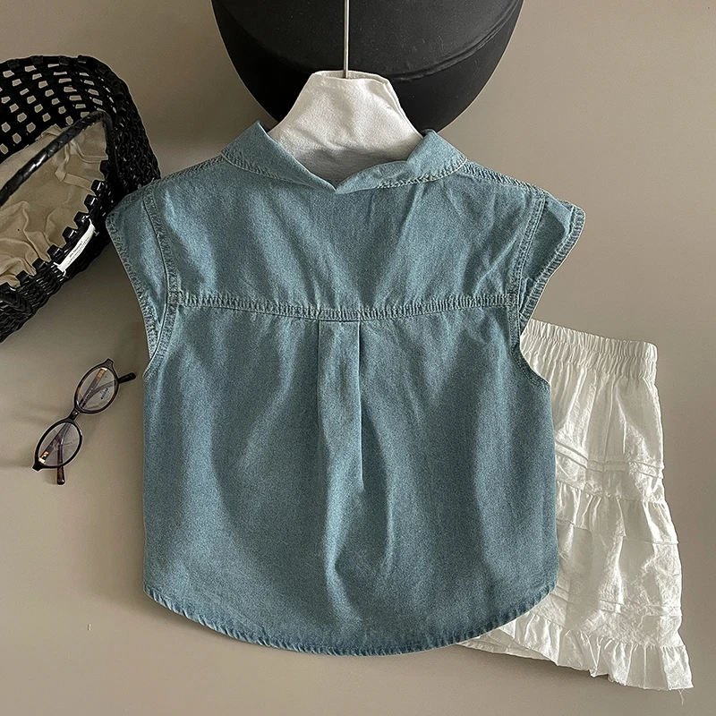 المرأة قميص دينيم رفض طوق تحلق كم قصير الأزرق بلايز المحملة الإناث الصيف موضة فضفاض البلوز الجينز القمم المحملة #2