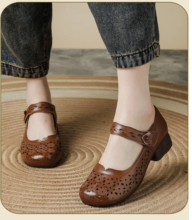 

2025 женские антикварные туфли-лодочки Мэри Джейн из натуральной коровьей кожи, босоножки на квадратном каблуке с вырезом, туфли в стиле ретро на блочном низком каблуке для мам