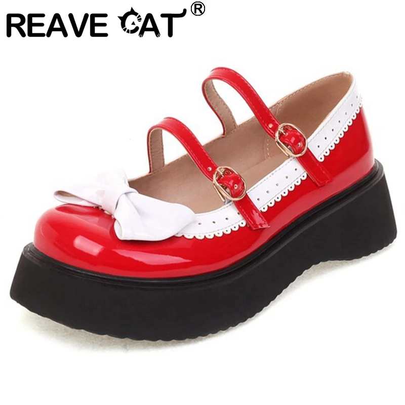 

REAVE CAT Женские туфли-лодочки на платформе с круглым носком на массивном каблуке с галстуком-бабочкой и пряжкой на ремнях, милые, большие размеры 34–45, черные, красные, весенние S3390