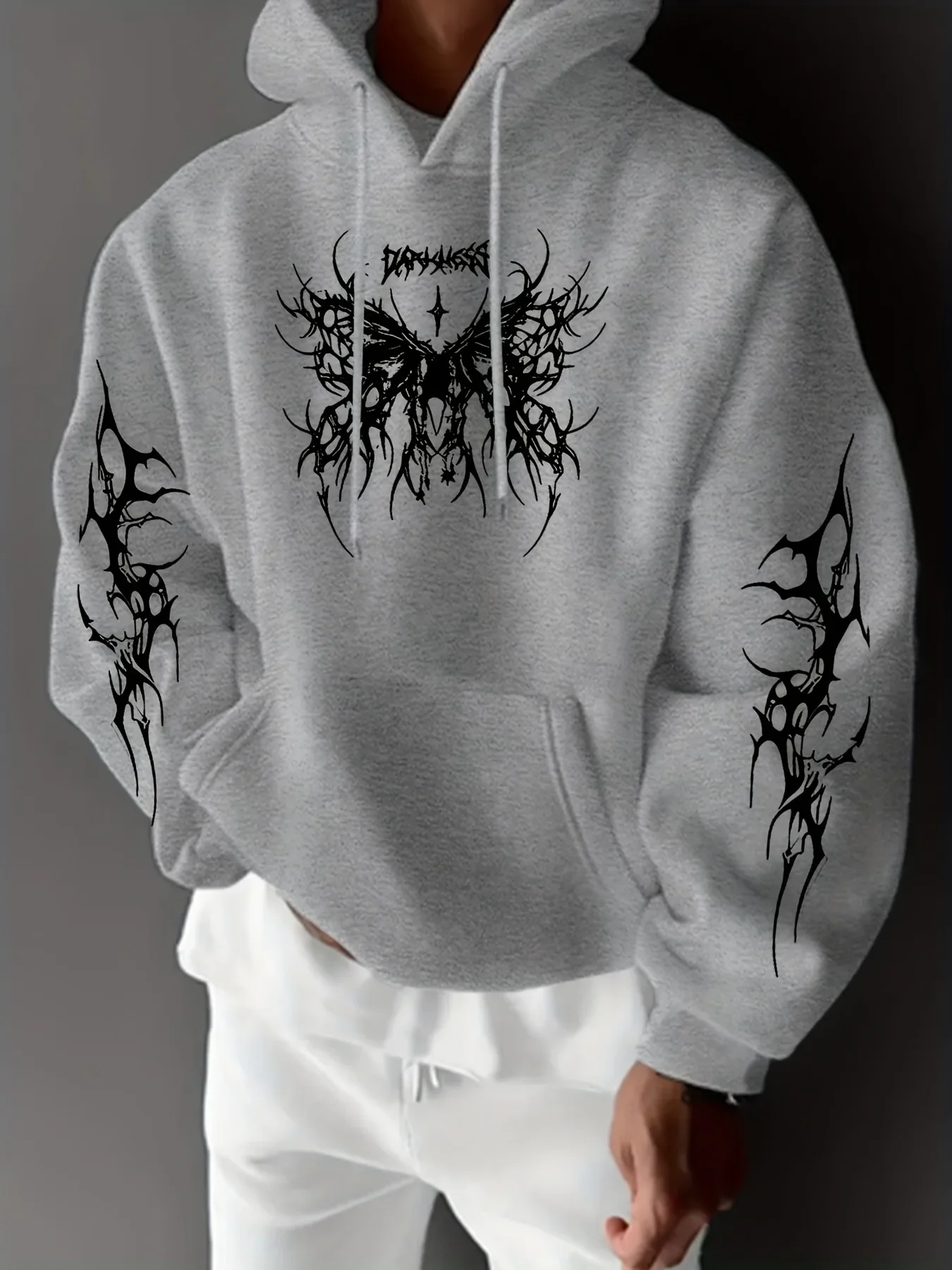 Punk Dark Street Men Hoodie Front Chest & Both Sleeves Gothic Print Y2K Edgy Trendy Loose Oversized Autumn Winter Fleece Lined - view 5