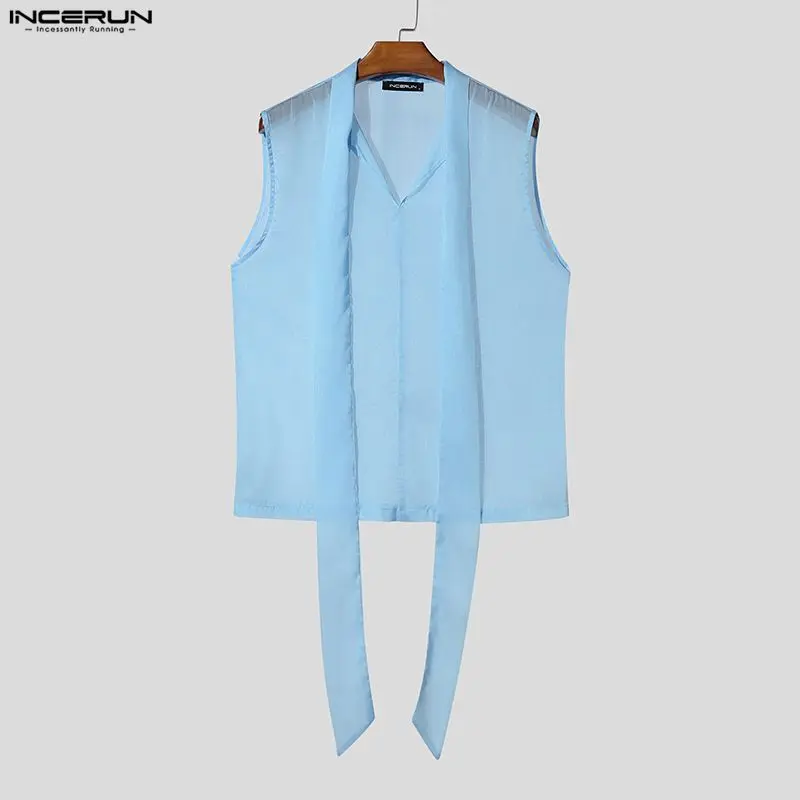 INCERUN Men's Tank Tops Solid V Neck Sleeveless With Belt Male Vests Summer Streetwear Loose See Through Mesh Men Clothes Tops