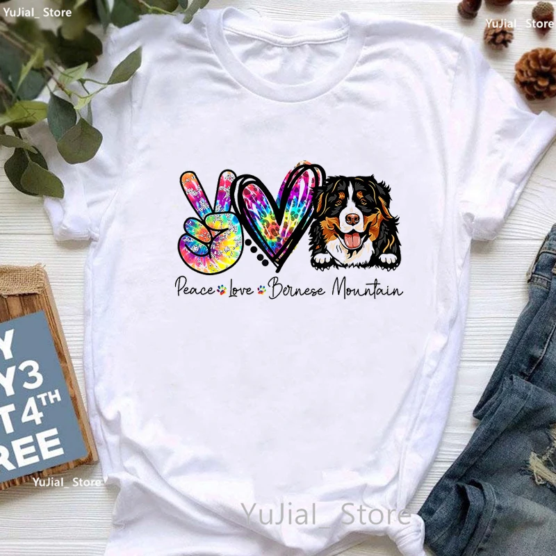 Pokój miłość berneński wydruk graficzny T Shirt dziewczyny brokat Leopard modna koszulka Femme Kawaii T-Shirt dla miłośników psów kobiet