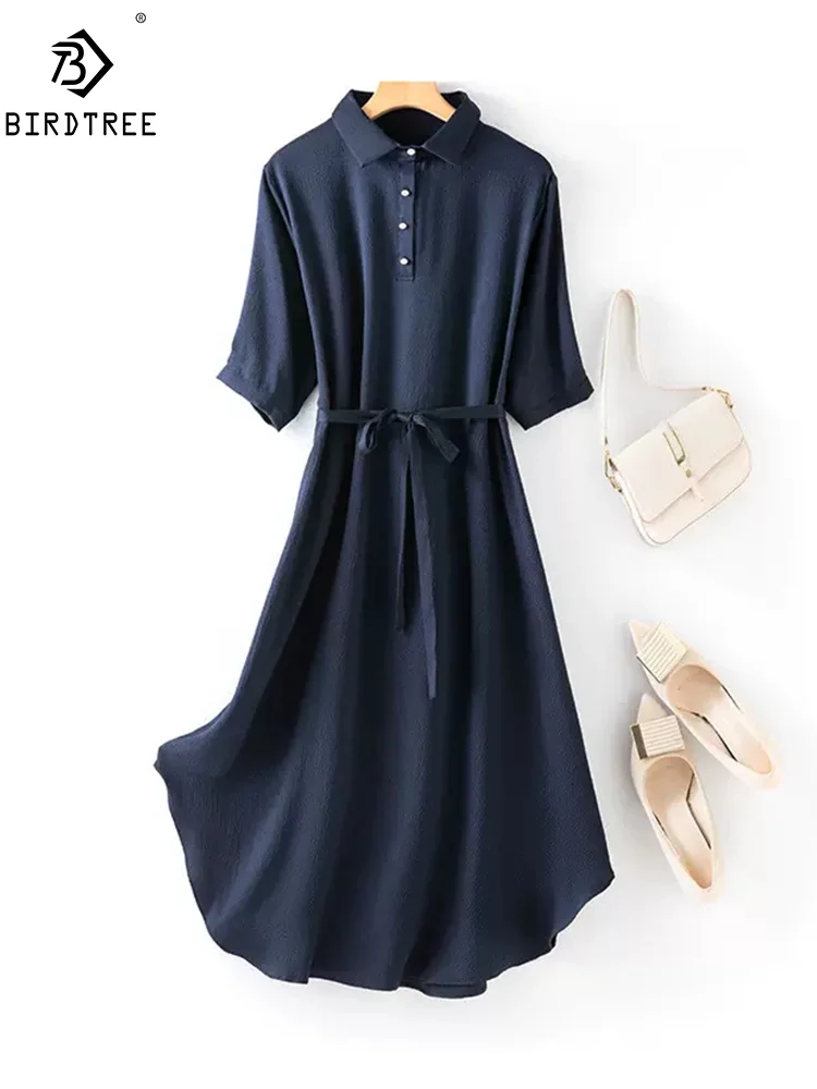 

BirdTree, 93%Natural Silk Elegant Dresses, Women Lapel Short Sleeve, Fashion Commute A-Line Shirt Dress, 2024 Summer D45313QM