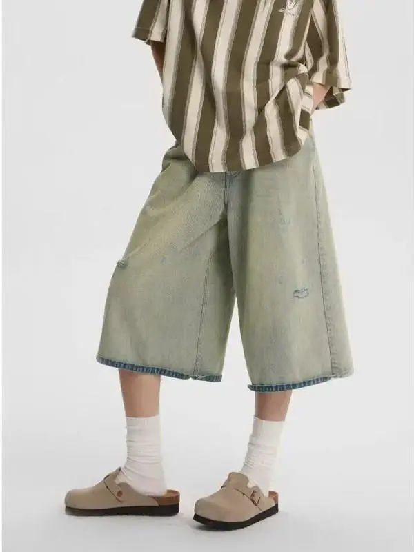 Men's Summer Holes Design Shorts Vintage Wide Leg Cropped Pants Cool Boy Casual Bottom Male High Waist Half Trousers