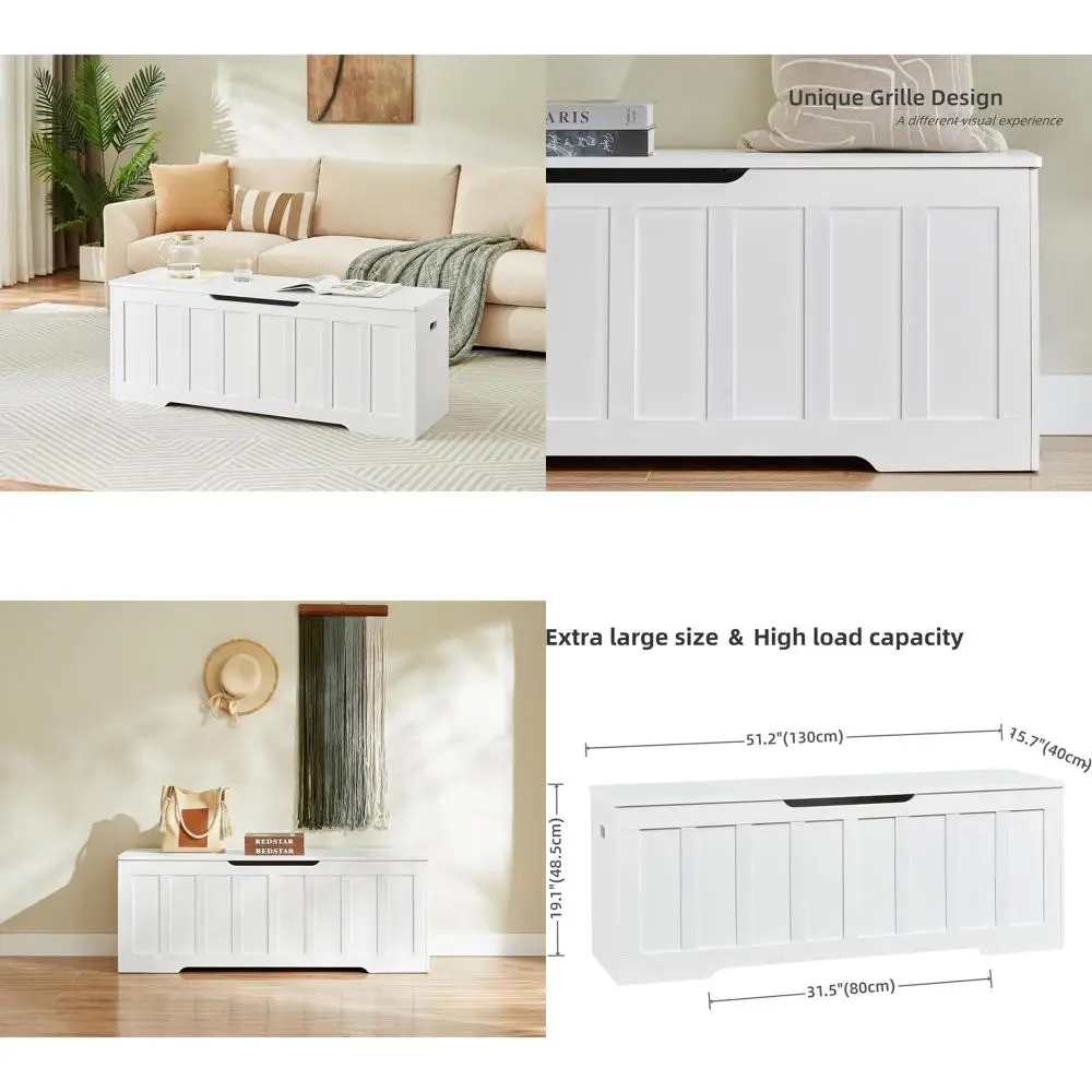 Extra Large Wooden Storage Chest, Bench with Safety Hinges, Shoe Organizer, 220lb Capacity, Easy Assembly, Bedroom, Living Room,