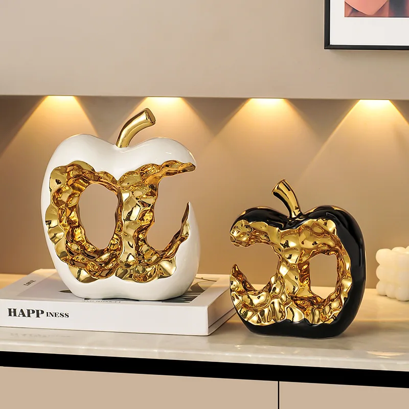 2Pcs/Gold-plated Apple Hollow Out Crafts Ceramic Sculpture Desk Decoration Ornaments Creative Apple Statue Room Aesthetic Decor