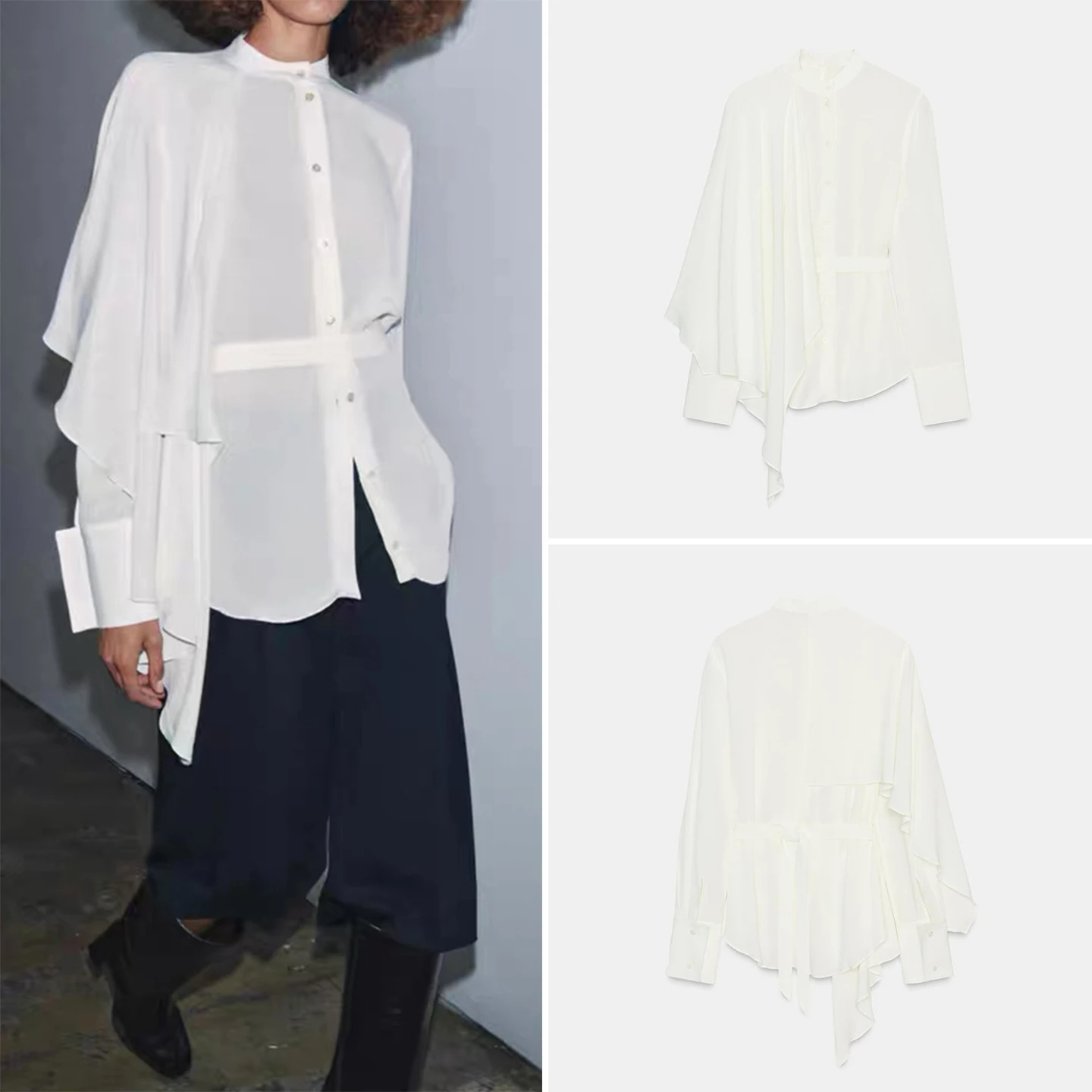 2025 Autumn New Sle Asymmetric Long Sve round Ne Women's Faion Personali irt Z Loose Fit Regular Thin