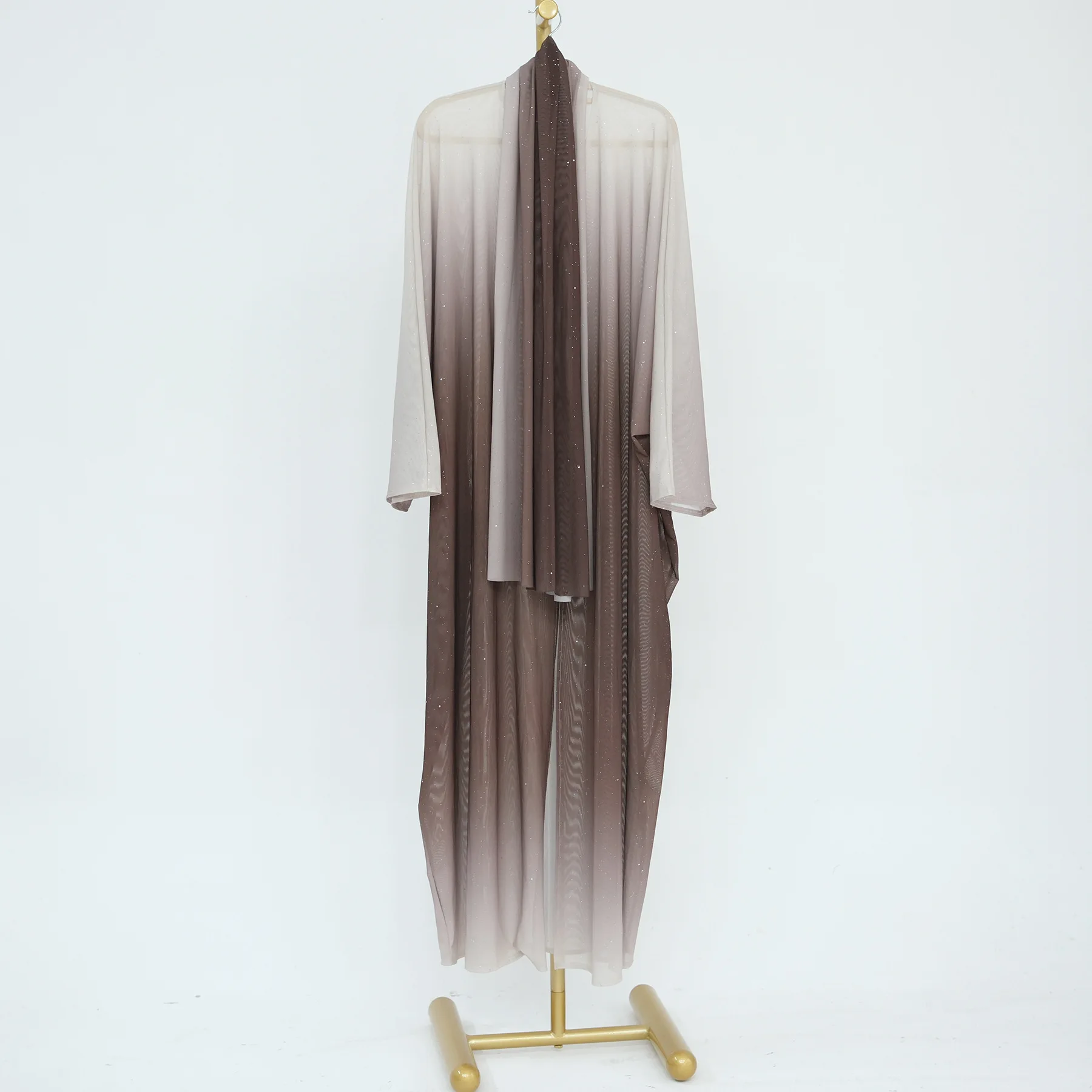 2-Piece Abaya Set: Gradual Color Sparkle Chiffon, V-Neck Open Front + Matching Hijab – Elegant & Modest