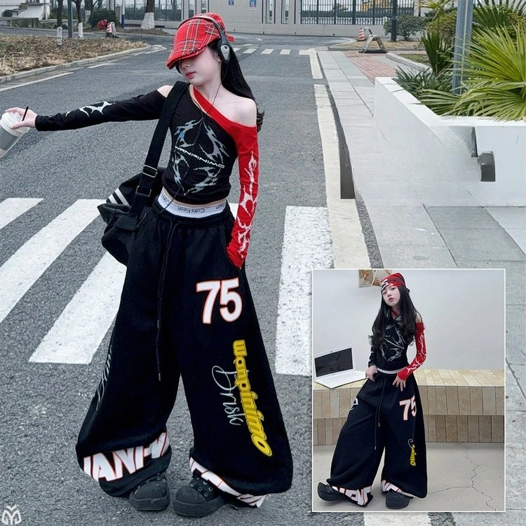 Teen Girl Hip Hop Jazz Street Dance Clothes Irregular Slanted Shoulder T-shirt Wide-leg Pants Junior Kids Sportswear Outfits