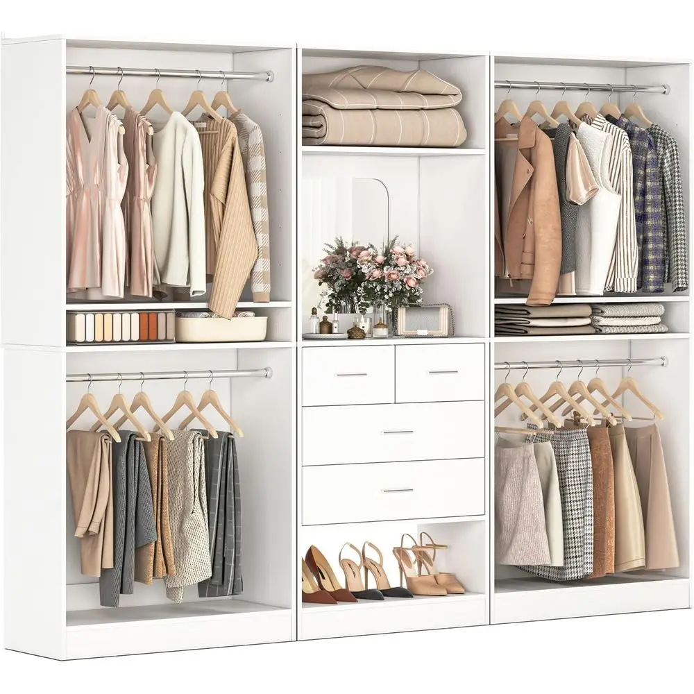 

98 Mirrored 4-Door Heavy Duty Wood Closet Organizer with 4 Hanging Rods and Adjustable Shelves, White