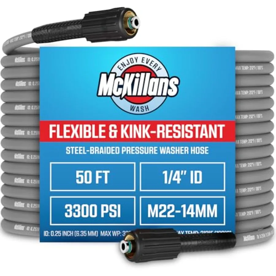 

® Pressure Washer Hose 50 Feet - Flexible and Kink-resistant - Steel-Braided and Durable- M22-14mm Stainless Steel Plug - Power