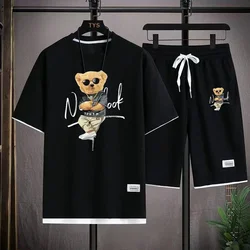 Traje deportivo de moda para hombre, camiseta de manga corta informal Harajuku con cuello redondo y pantalones cortos deportivos, conjunto de 2 piezas con estampado de oso 3D