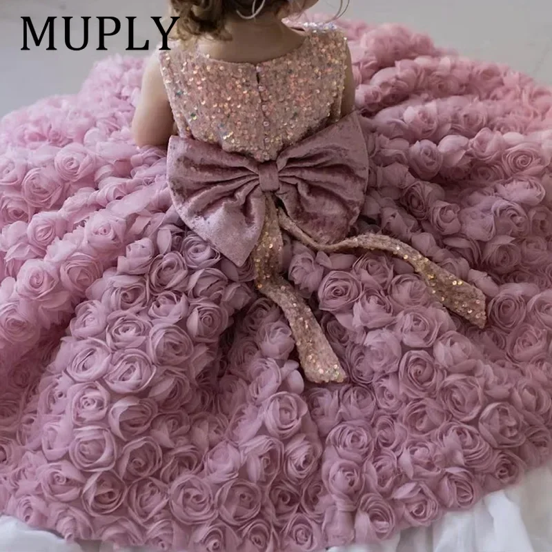 

New Arrival Girls Pink Flower Princess Dress Baby Kids Big Bow Birthday Party Clothing Child Wedding Dress Teen Retro Dress