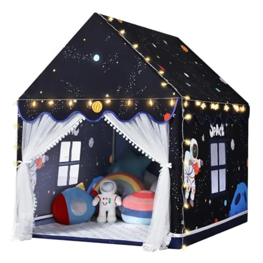 

Indoor kids play tent with mat and star lights for bedroom decoration, black astronaut rocket ship theme, polyester fabric, lig