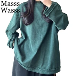 Mass Wasss O넥 용수철 클래식 레저 여성 빈티지 하라주쿠 상의, 느슨한 오버사이즈 티셔츠, 면 럭셔리 의류