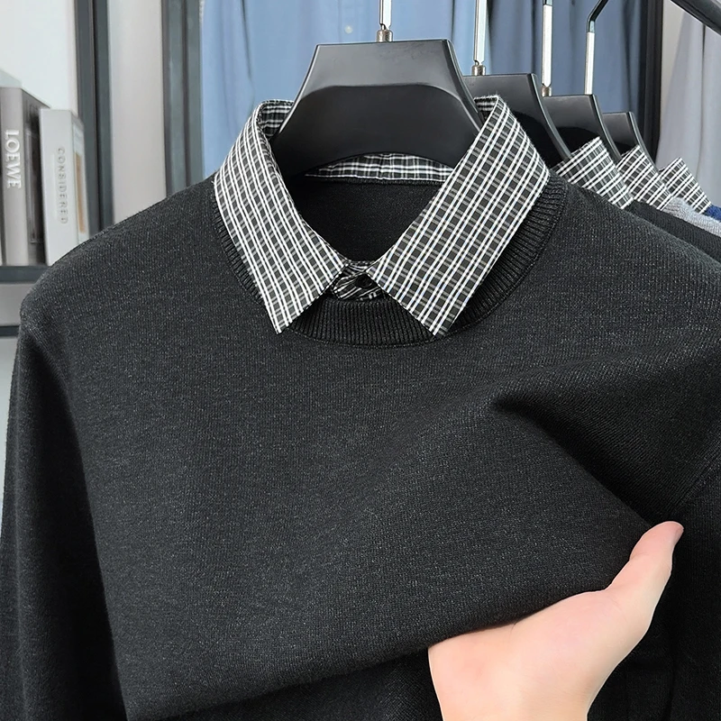 Personality fashion plaid shirt collar sweater men's luxury soft comfort knitted fake two-piece pullover autumn new casual top
